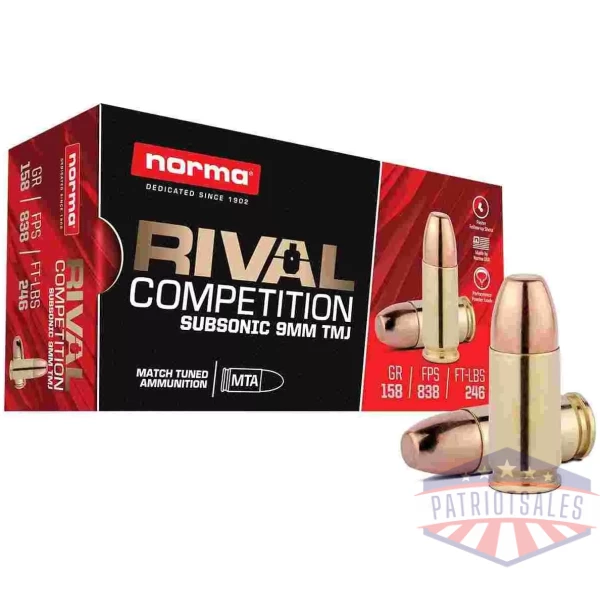 Norma Rival Competition Subsonic Ammunition 9mm Luger 158gr TMJ 838 fps 50/ct
