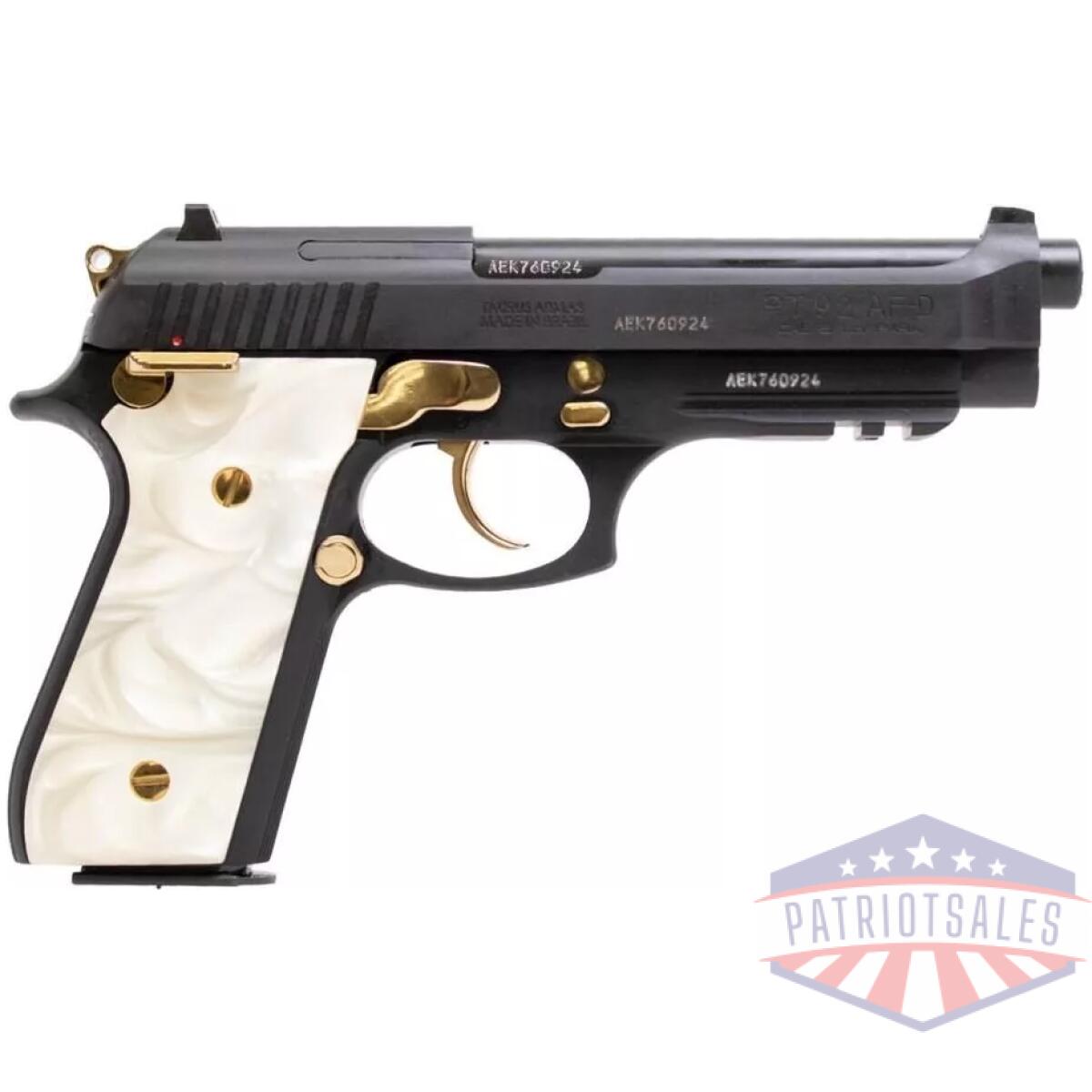 Taurus pt92 handgun 9mm luger 17rd magazines (2) 5" barrel black with pearl grips and gold accents - image 1