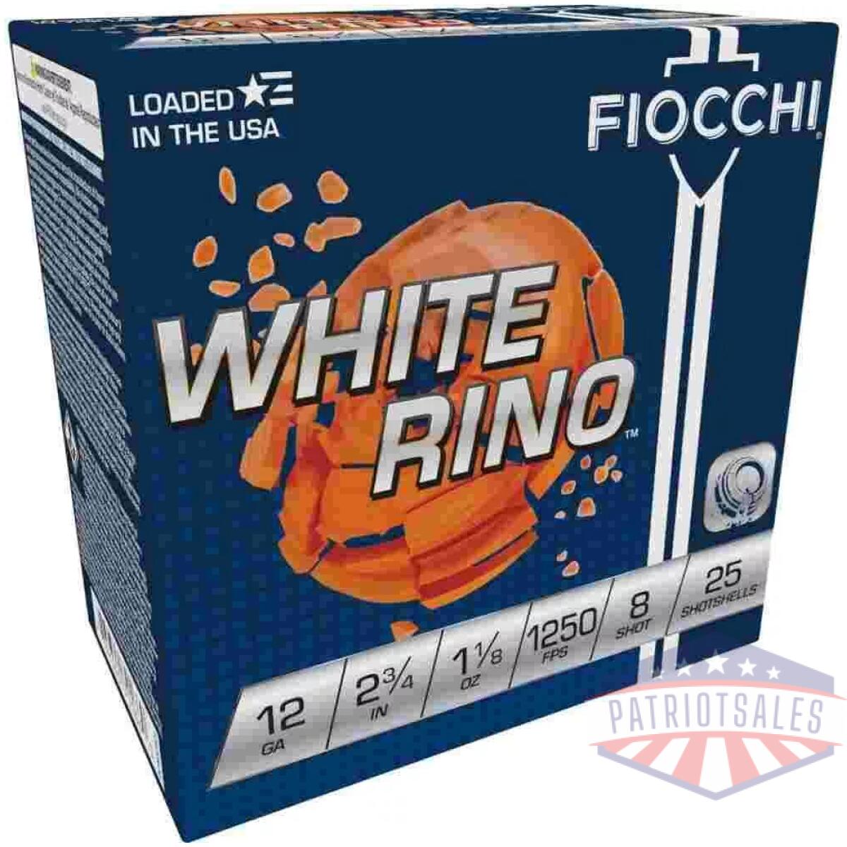 Fiocchi white rino shotshells 12 ga 2 3/4" 1 1/8oz 1250fps #8 25/ct - image 1