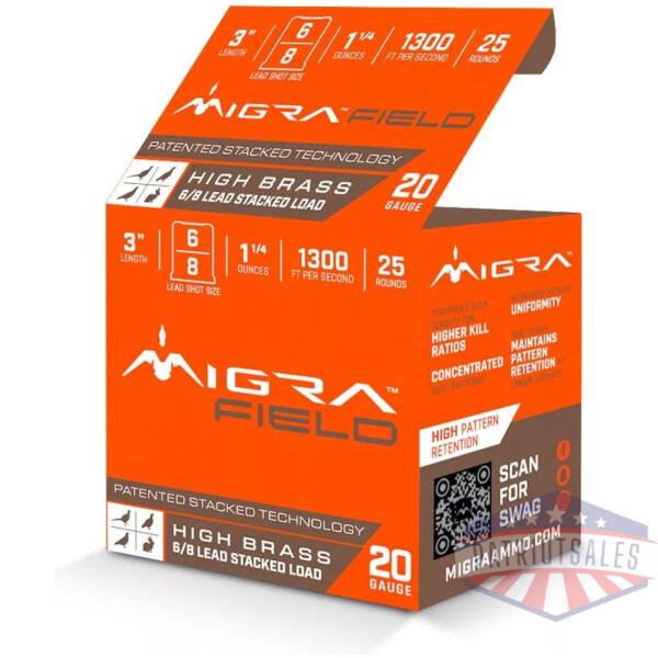 Migra Ultimate Field Hi-Brass Lead Stacked Shotshells 20ga 3" 1-3/8oz 1300 fps #6 & 8 Shot 25/ct