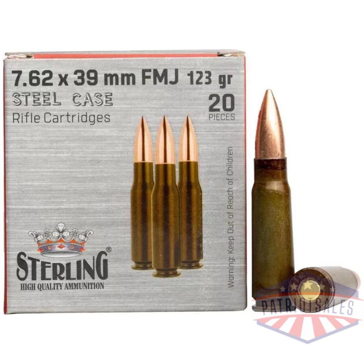 Global ordnance sterling steel case rifle ammunition 7. 62x39mm 123gr fmj 2362 fps 20/ct - image 1