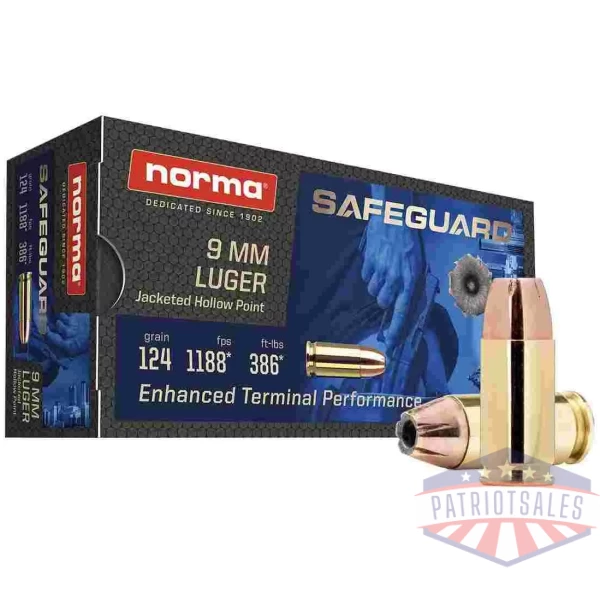 Norma Safeguard Handgun Ammunition 9mm Luger 124gr JHP 1188 fps 50/ct