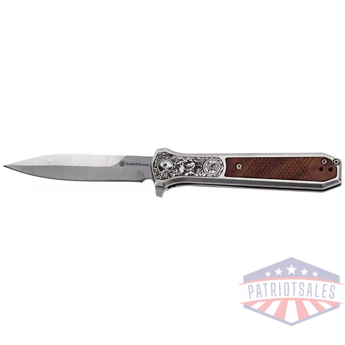 Smith & wesson kt unwavered spring assist folding knife 3-1/5" dagger blade silver with brown - image 1