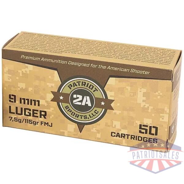 Patriot Sports Brass Case Handgun Ammunition 9mm Luger 115gr FMJ 1230 fps 50/ct