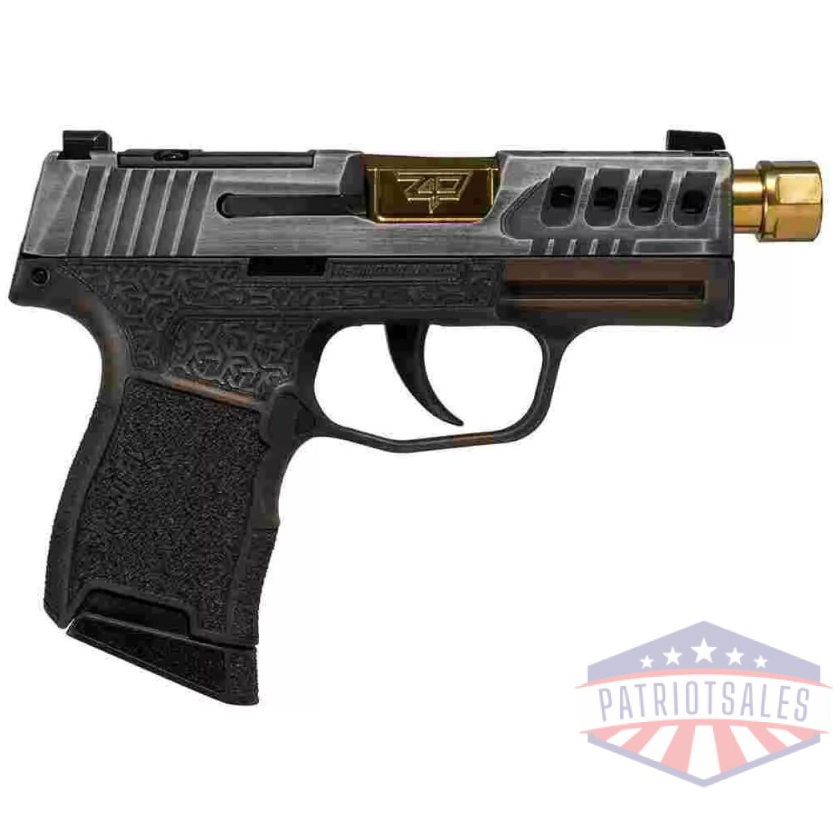 Sig sauer p365 "gold bug" handgun 9mm luger 10rd magazines(2) 3. 7" threaded gold barrel tactical cut distressed grey slide/brown grip octagon stippling - image 1