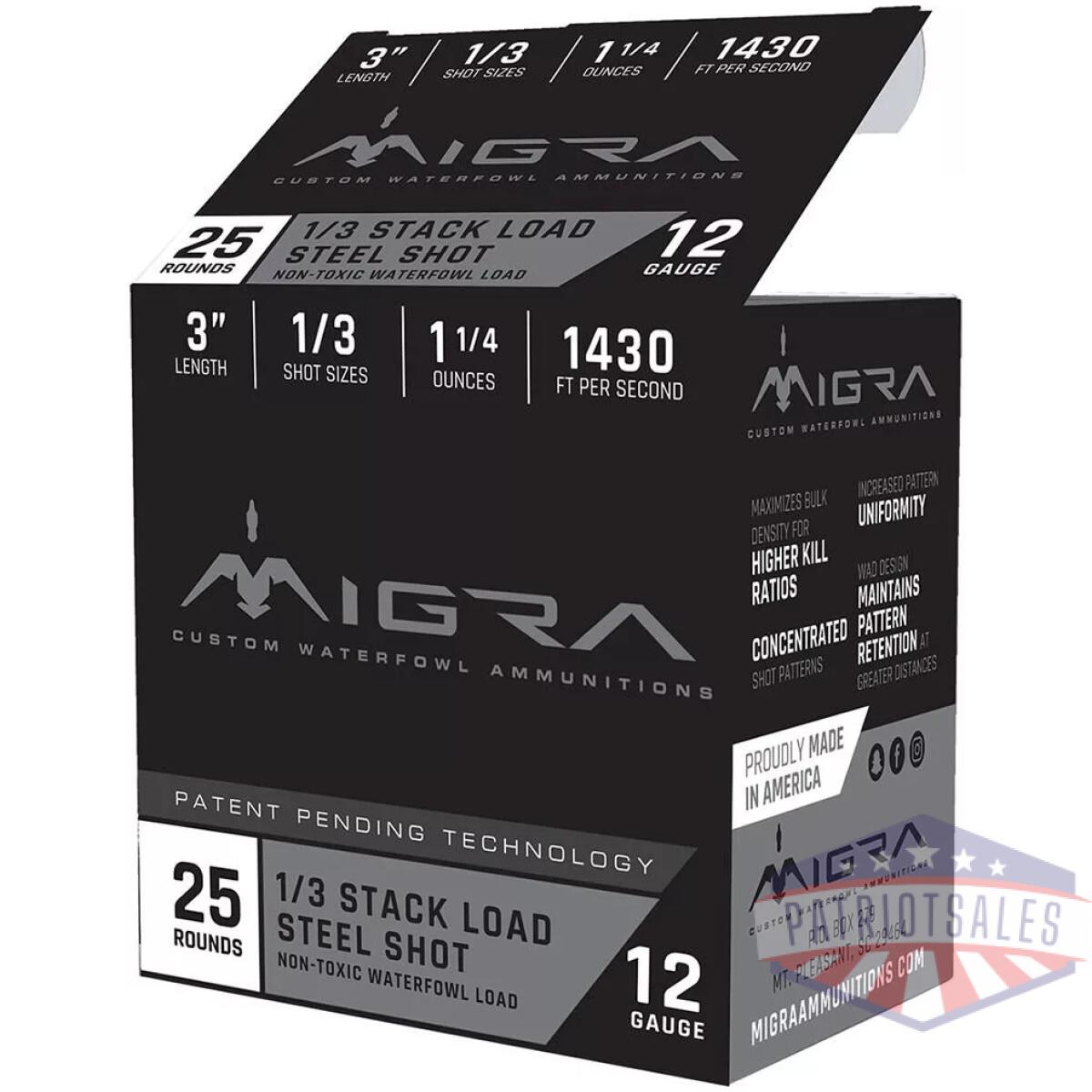 Migra waterfowl steel shot shotshells 12 ga 3" 1-1/4 oz 1430 fps #1/#3 25/ct - image 1