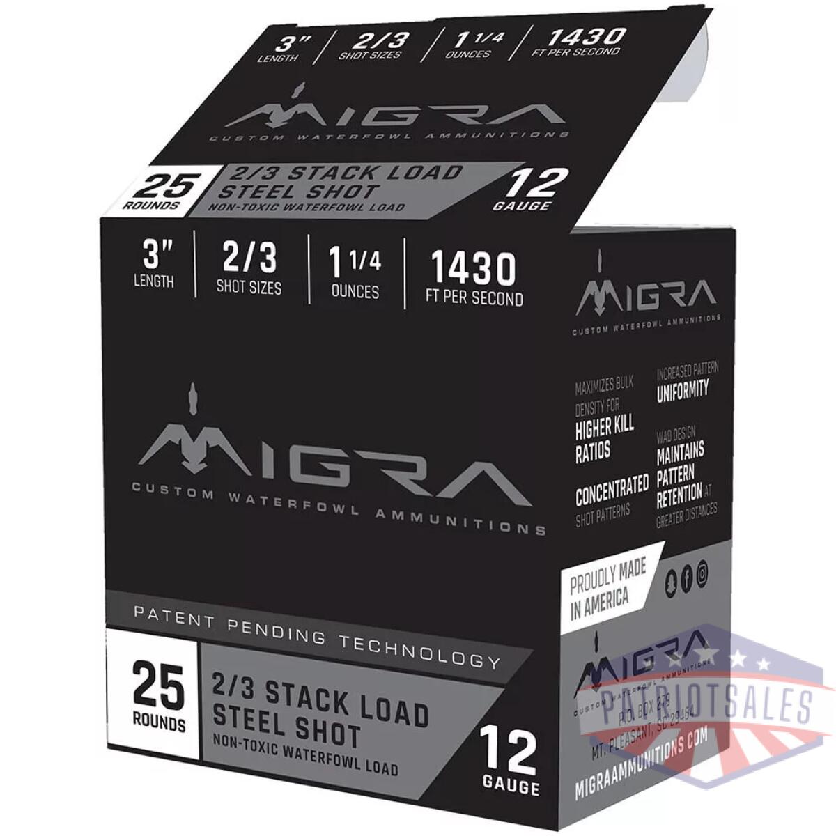 Migra waterfowl steel shot shot shells 12 ga 3" 1-1/4 oz #2#3 1430 fps 25/ct - image 1