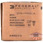 Federal Ammo American Eagle Rifle Ammunition .223 Rem 55 gr FMJ 3240 fps 500/rd Case