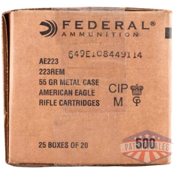Federal Ammo American Eagle Rifle Ammunition .223 Rem 55 gr FMJ 3240 fps 500/rd Case
