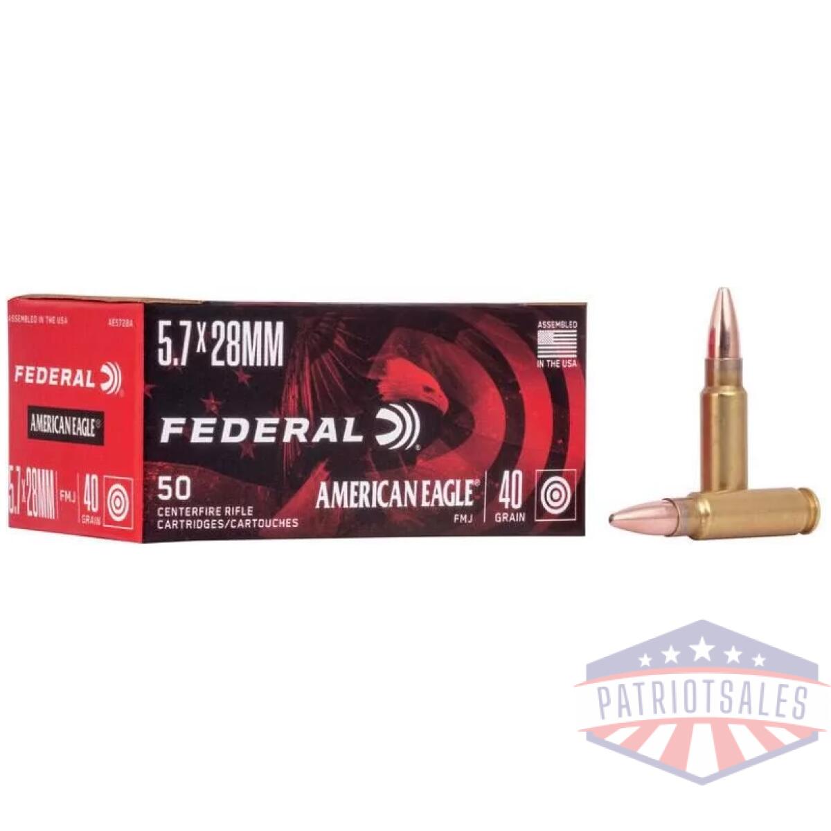 Federal american eagle rifle ammunition 5. 7x28mm fn 40 gr fmj 1655 fps 500/ct - image 1