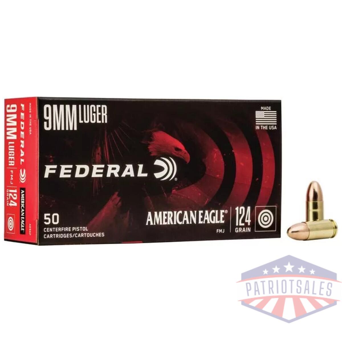 Federal american eagle handgun ammunition 9mm luger 124 gr fmj 1150 fps 1000/ct - image 1