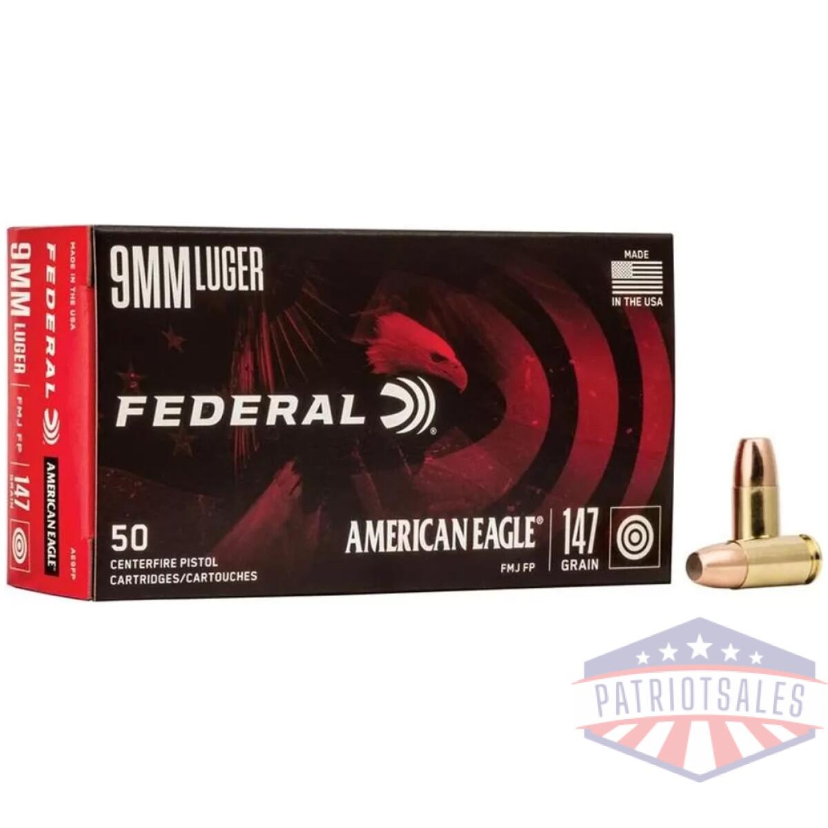 American eagle handgun ammunition 9mm luger 147 gr fmj 1000 fps 50/ct - image 1