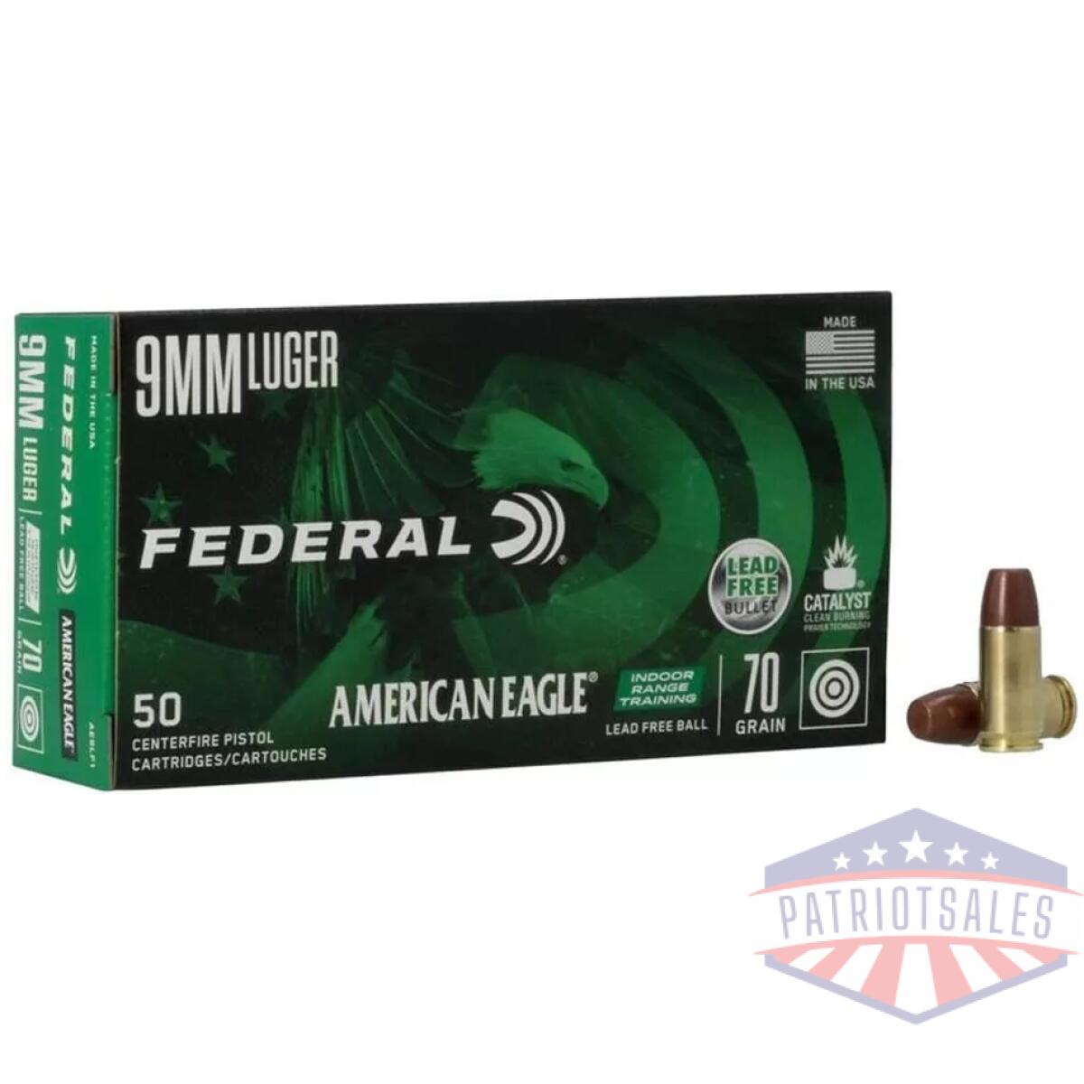 Federal american eagle irt lead free handgun ammunition 9mm luger 70gr fmj 1625 fps 50/ct - image 1