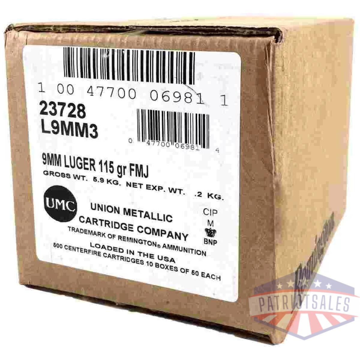 Remington umc handgun ammunition 9mm luger 115 gr fmj 1145 fps 1000/ct case (20-50/ct boxes) - image 1