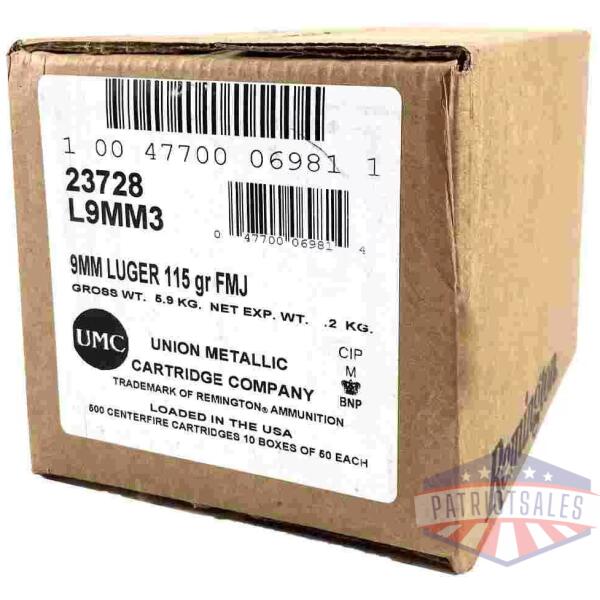 Remington UMC Handgun Ammunition 9mm Luger 115 gr FMJ 1145 fps 1000/ct Case (20-50/ct Boxes)