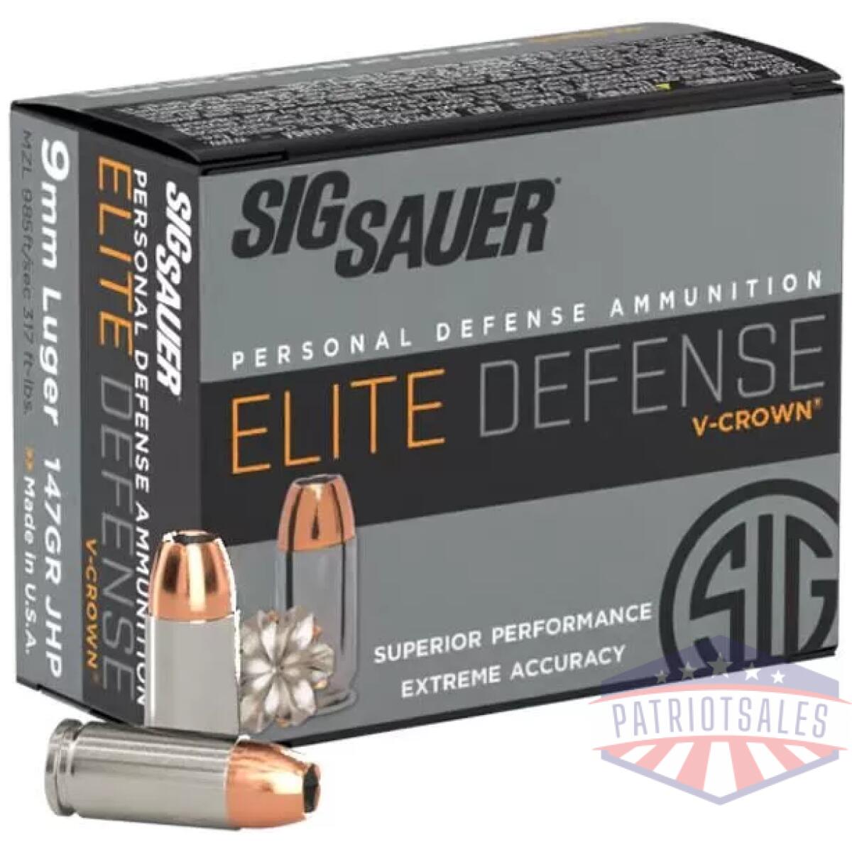 Sig elite v-crown handgun ammunition 9mm luger 147 gr jhp 985 fps 20/ct - image 1
