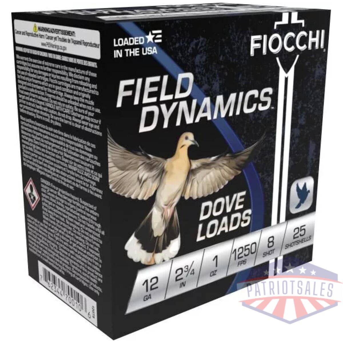Fiocchi field dynamics dove & quail shotshells 12ga 2-3/4" 1oz 1250 fps #8 25/ct - image 1
