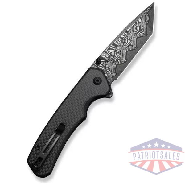 Button Lock Brazen Flipper & Thumb Stud Knife Twill Carbon Fiber Overlay On Black G10 Handle (3.46"" Damascus Blade)