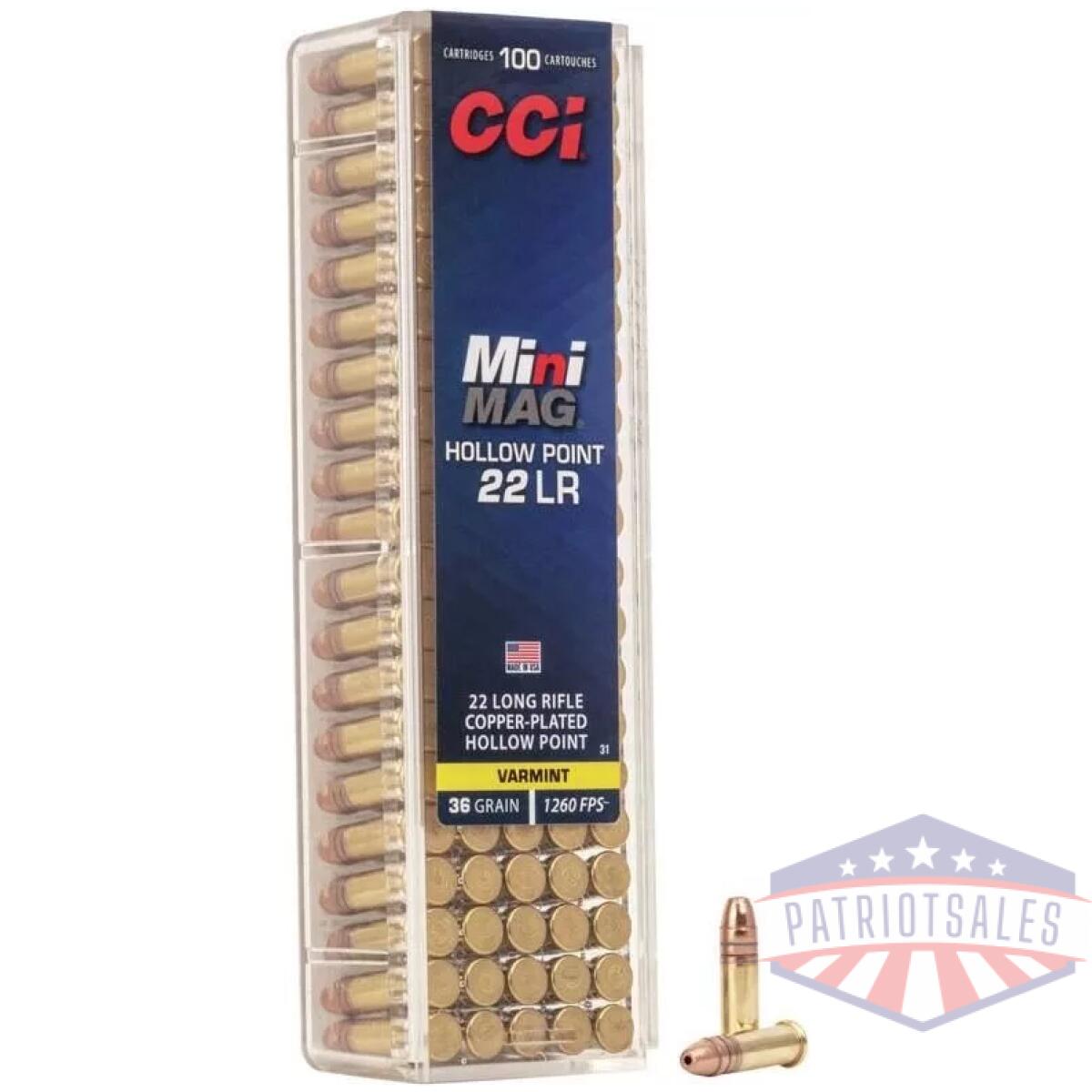 Cci mini-mag hp rimfire ammunition. 22 lr 36 gr cphp 1260 fps 100/ct - image 1