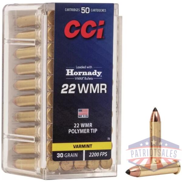 CCI V-MAX Rimfire Ammunition .22 WMR 30 gr Poly Tip V-Max 2200 fps 50/ct