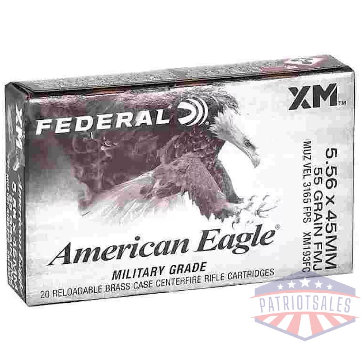 Federal american eagle rifle ammunition 5. 56mm 55gr fmj 3165 fps 20/ct - image 1
