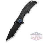 Tighe Down Flipper & Thumb Stud & Button Lock Knife Black Titanium Integral Handle With Black & Yellow Carbon Fiber Inlay (4"" Black Stonewashed Bohler M390 Blade, Tanto)