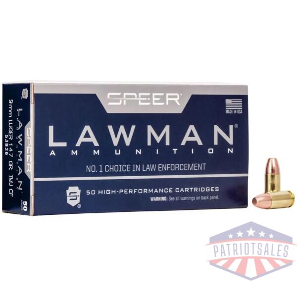 speer lawman handgun ammunition clean-fire 9mm luger 147 gr. tmj 985 fps 50/ct