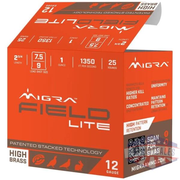 migra field lite stacked shotshells 12ga 2-3/4" 1oz 1300 fps #7.5 & #9 25/ct