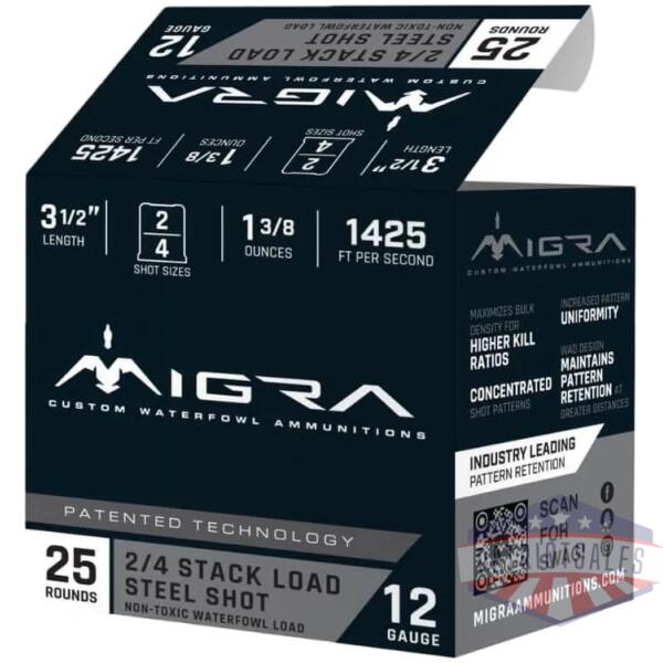 migra steel waterfowl stacked shotshells 12ga 3.5" 1-3/8oz 1425 fps #2 & #4 25/ct