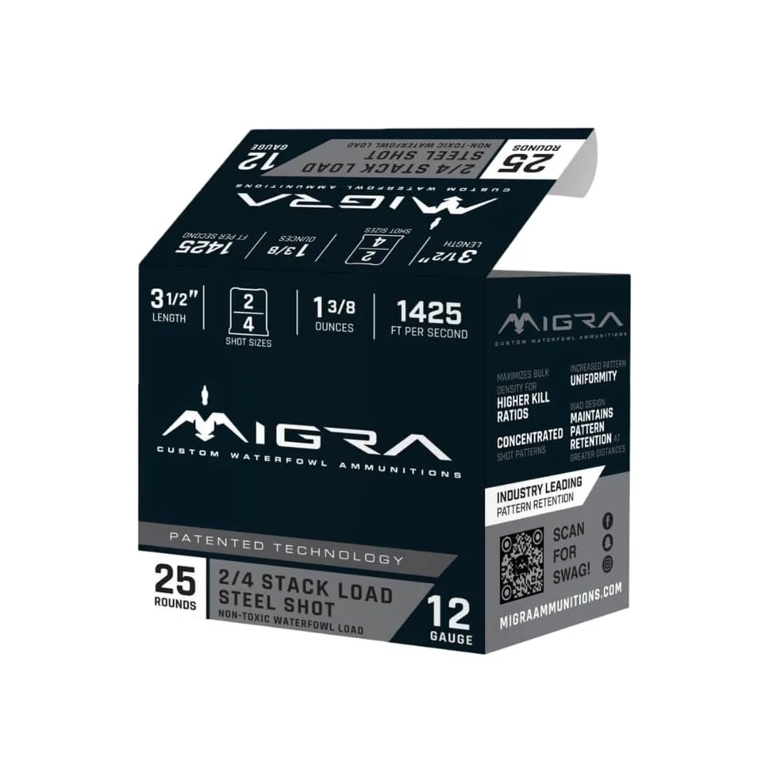 Https3A2F2Fmedia.chattanoogashooting.com2Fimages2Fproduct2Ferm12Lss242Ferm12Lss24125201 Migra steel waterfowl stacked shotshells 12ga 3. 5" 1-3/8oz 1425 fps #2 & #4 25/ct - image 1