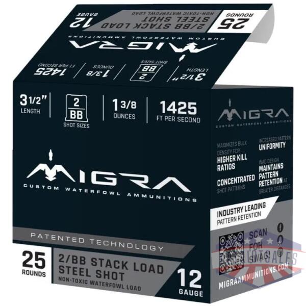 migra steel waterfowl stacked shotshells 12ga 3.5" 1-3/8oz 1425 fps #2 & #bb 25/ct