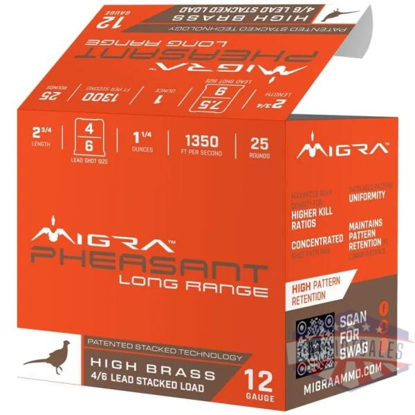 migra pheasant long range shotshells 12ga 2-3/4" 1-1/4oz 1350 fps #6 & #8 25/ct