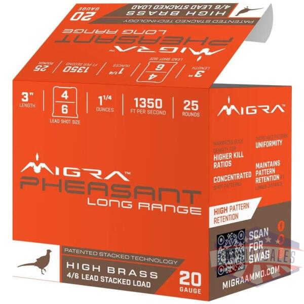 migra pheasant long range shotshells 20ga 3" 1-1/4oz 1350 fps #6 & #8 25/ct
