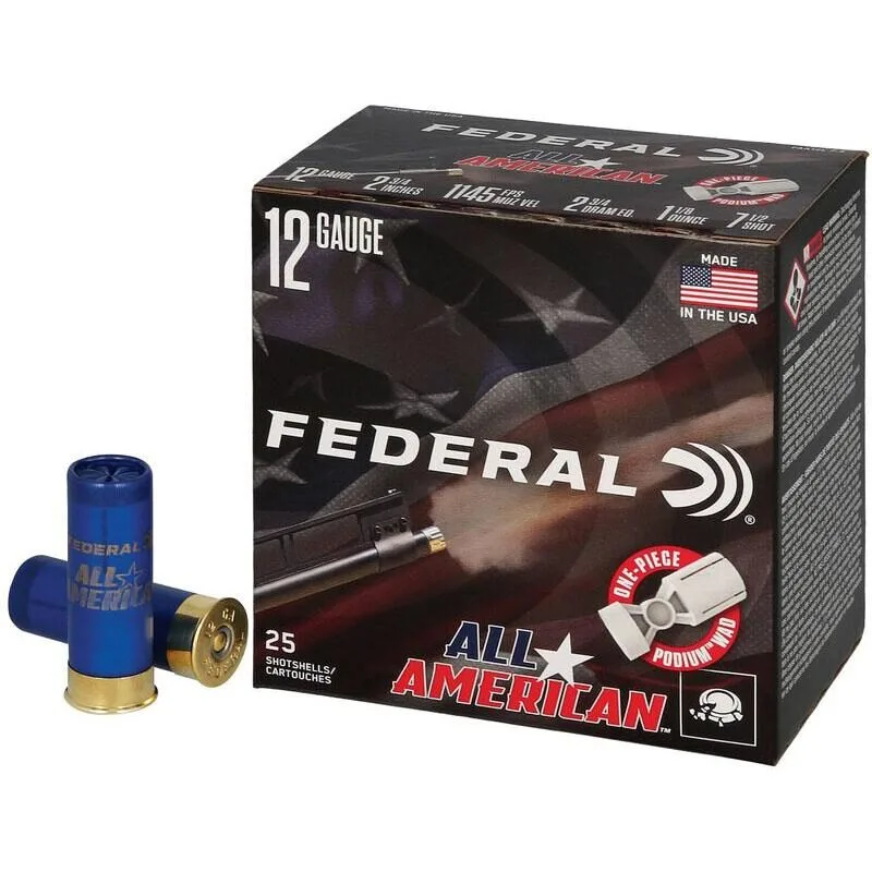Https3A2F2Fmedia.chattanoogashooting.com2Fimages2Fproduct2Ffafaa12L1752Ffafaa12L1752 Federal all american shotshells 12ga 2-3/4" 1-1/8oz 1145 fps #7. 5 25/ct - image 1