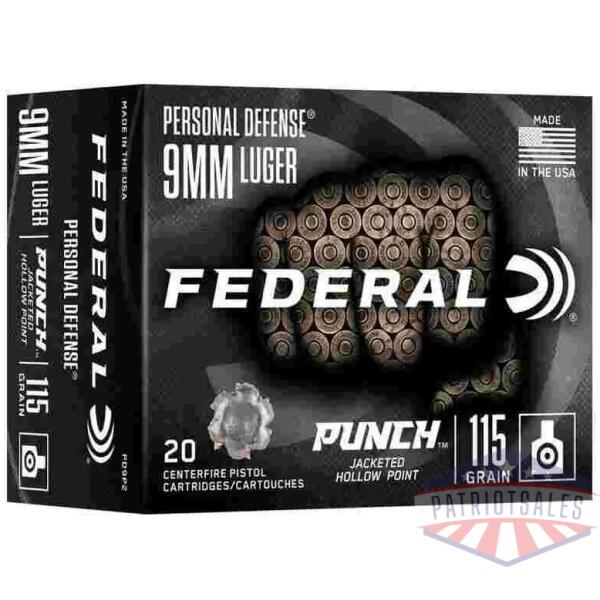 federal personal defense punch handgun ammunition 9mm luger 115gr jhp 1180 fps 20/ct
