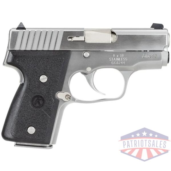 kahr arms mk9 elite handgun 9mm luger 6rd (2) & 7rd (1) magazines 3" barrel silver wil black checkered grip ca compliant
