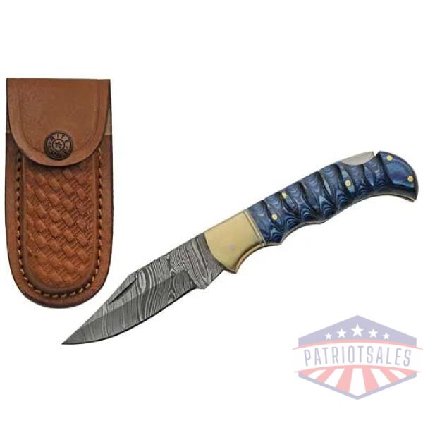 szco rite edge 3" blue grooved - wood damascus lockback w/shth