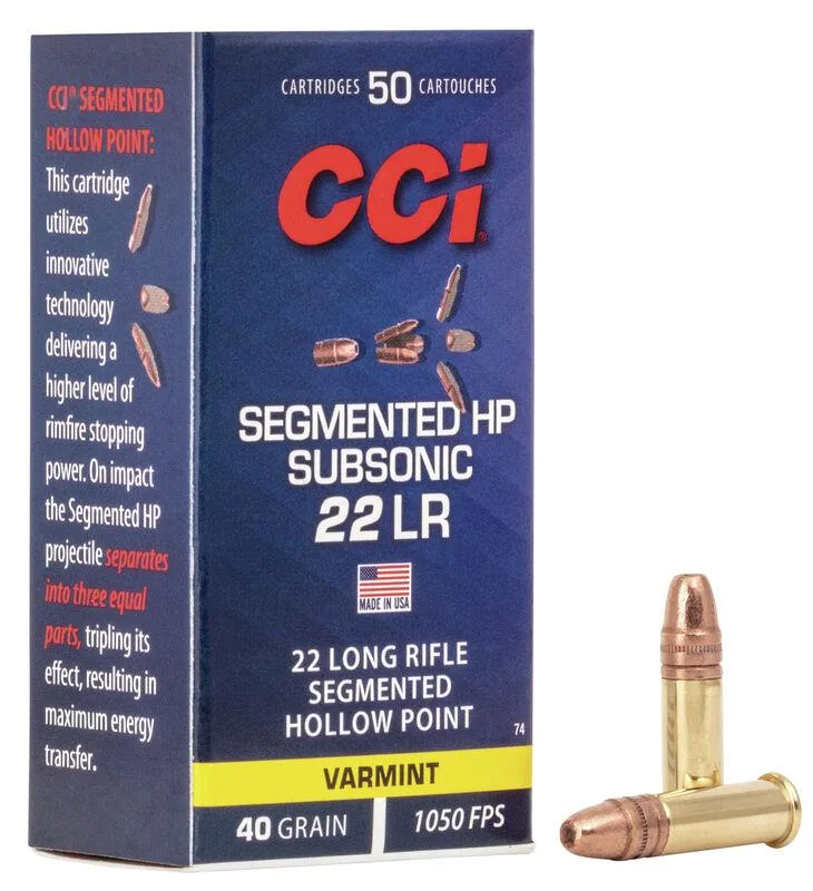 Cci Segmented Hp Subsonic Rimfire Ammunition .22 Lr 40 Gr 1050 Fps 50/Ct Cci segmented hp subsonic rimfire ammunition. 22 lr 40 gr 1050 fps 50/ct
