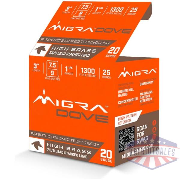 migra ultimate dove hi-brass lead shotshells 20ga 3" 1-1/4oz  #7.5 & 9 shot 25/ct