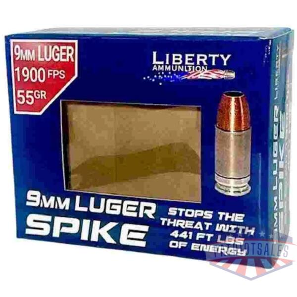 liberty spike handgun ammunition 9mm luger 55gr hp 1900 fps 20/ct