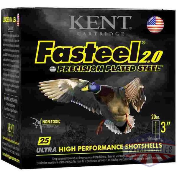 kent fasteel + precision plated steel waterfowl shotshells 20ga 3" 1oz 1350 fps  #2 & #4 25/ct