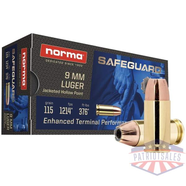 norma safeguard handgun ammunition 9mm luger 115gr jhp 1214 fps 50/ct