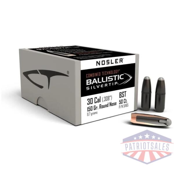 nosler ballistic silvertip hunting rifle bullets .30 cal .308" 150 gr rn-sbt-bstip 50/ct