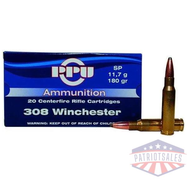 ppu rifle ammunition .308 win 180 gr sp 2454 fps 20/ct